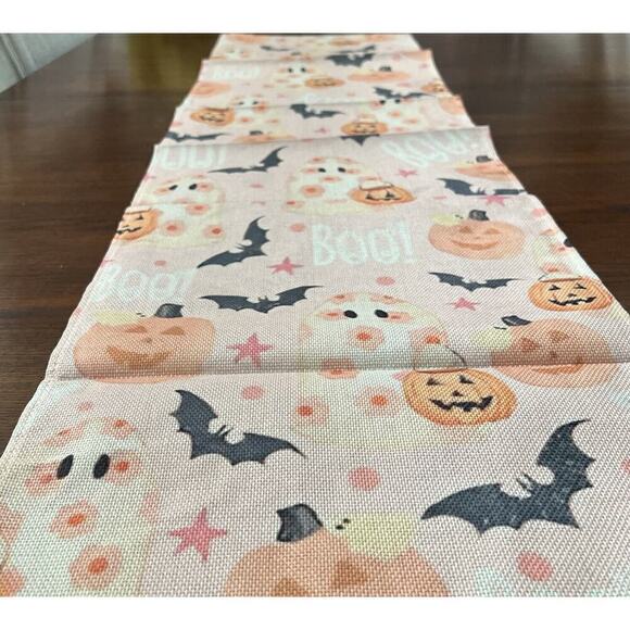 Jack-O-Lantern Spooky Ghosts Pumpkin Bat Halloween Table Runner Pink 13”x48” - Picture 2 of 5